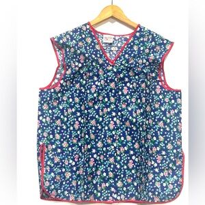 Vintage Floral Quilted Apron – Blue with Pink Trim – Cottagecore Kitchen Apron –